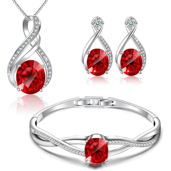 Elegant Red Heart-Shaped Crystal Jewelry Set in 18k White Gold for Women